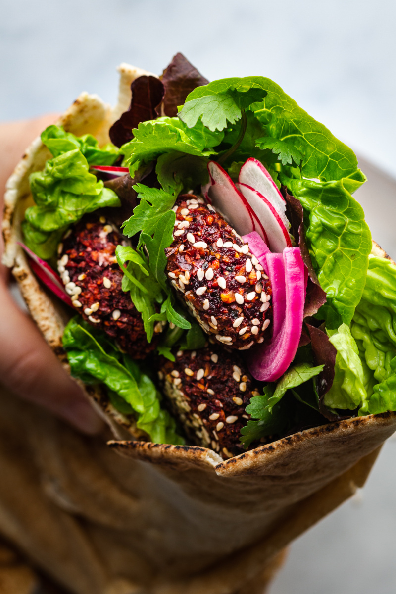 baked beet falafels wrap