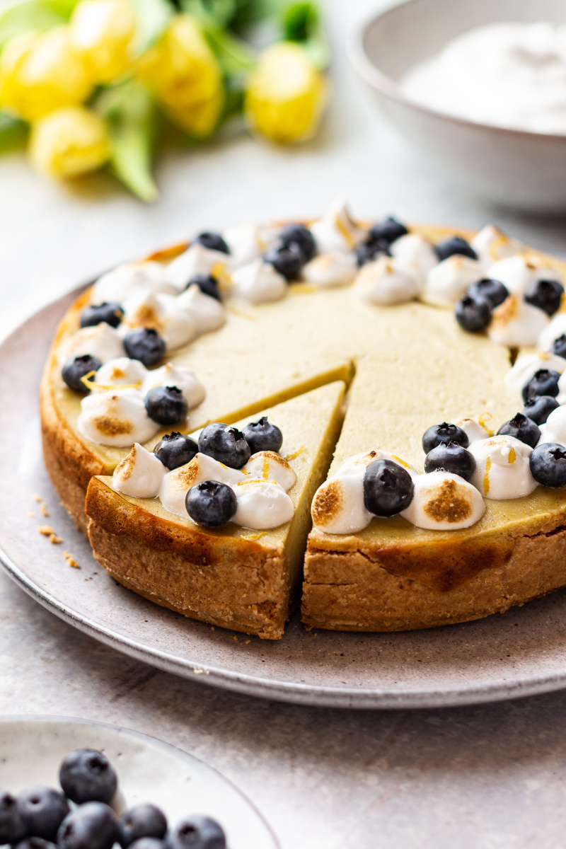 vegan lemon cheesecake backlit