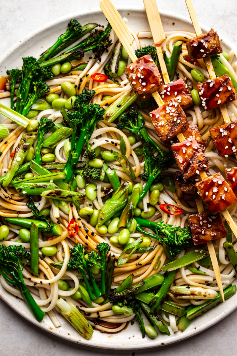 teriyaki tofu noodle salad close up