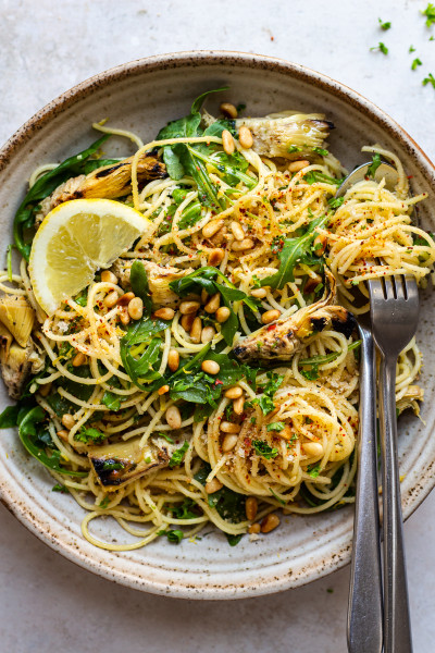 vegan artichoke pasta bowl less yellow