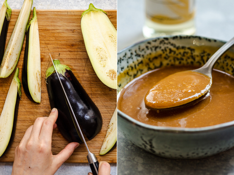 miso eggplant cutting and marinade