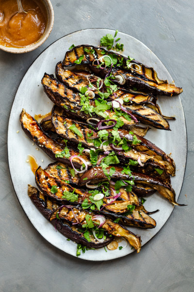 miso eggplant platter grey background