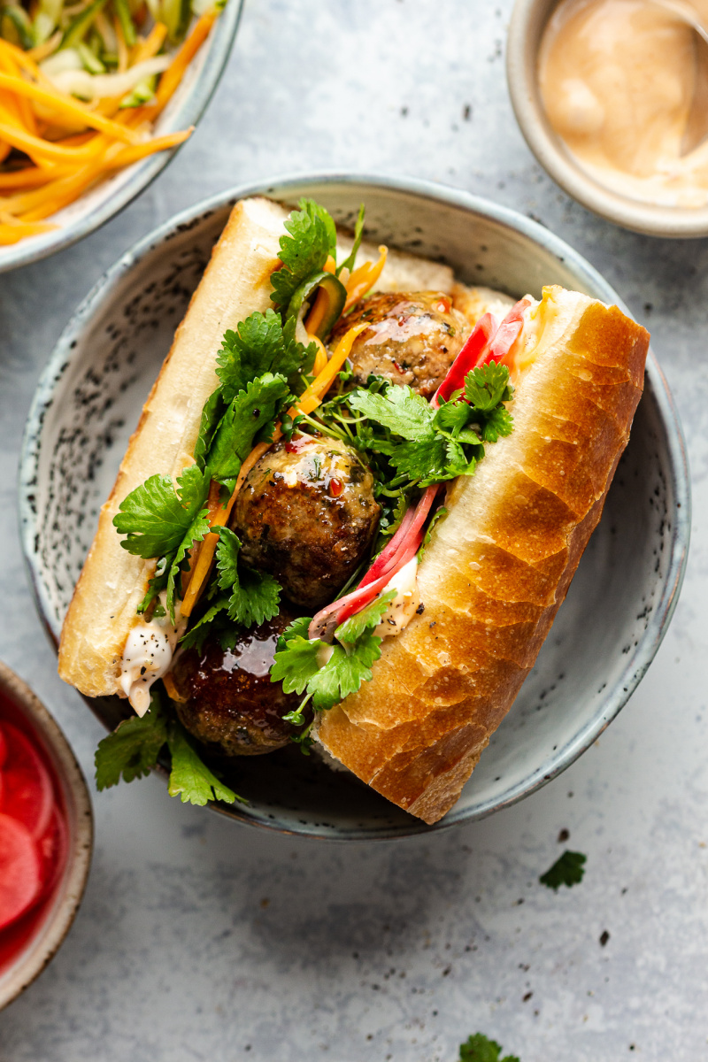 vegan banh mi lemongrass meatballs baguette