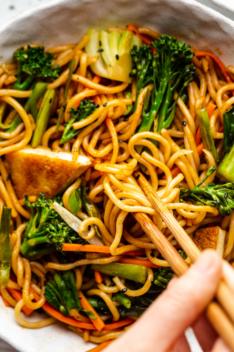 quick vegan spring onion noodles close up