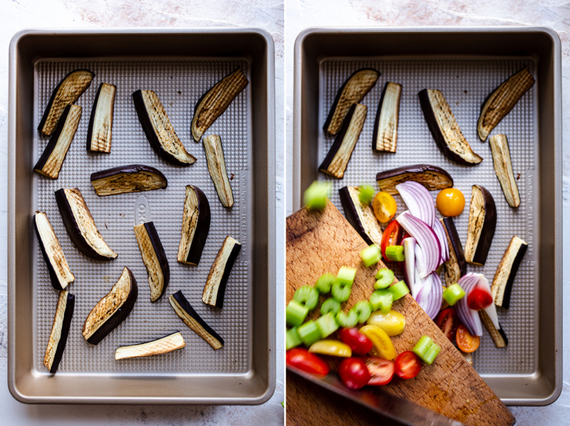 roasted aubergine salad making