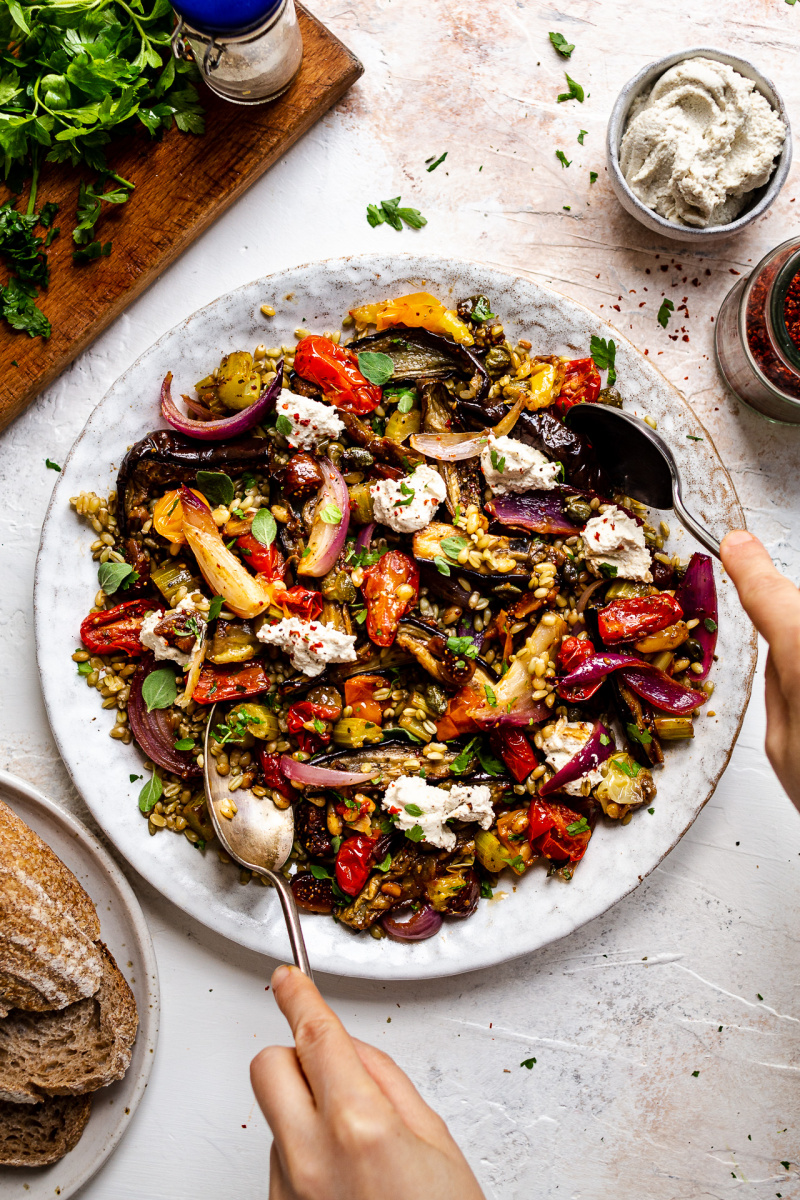 roasted aubergine salad plated