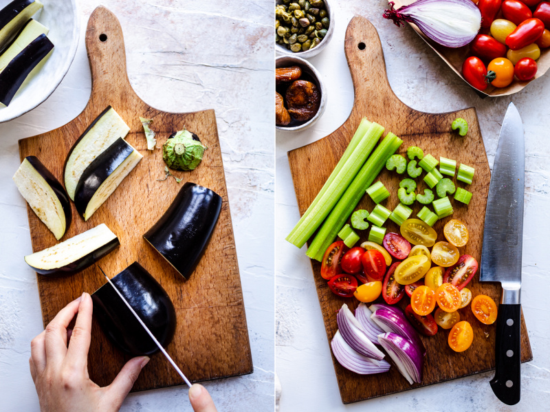 roasted aubergine salad prep