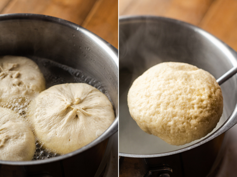 vegan pretzel burger buns simmering