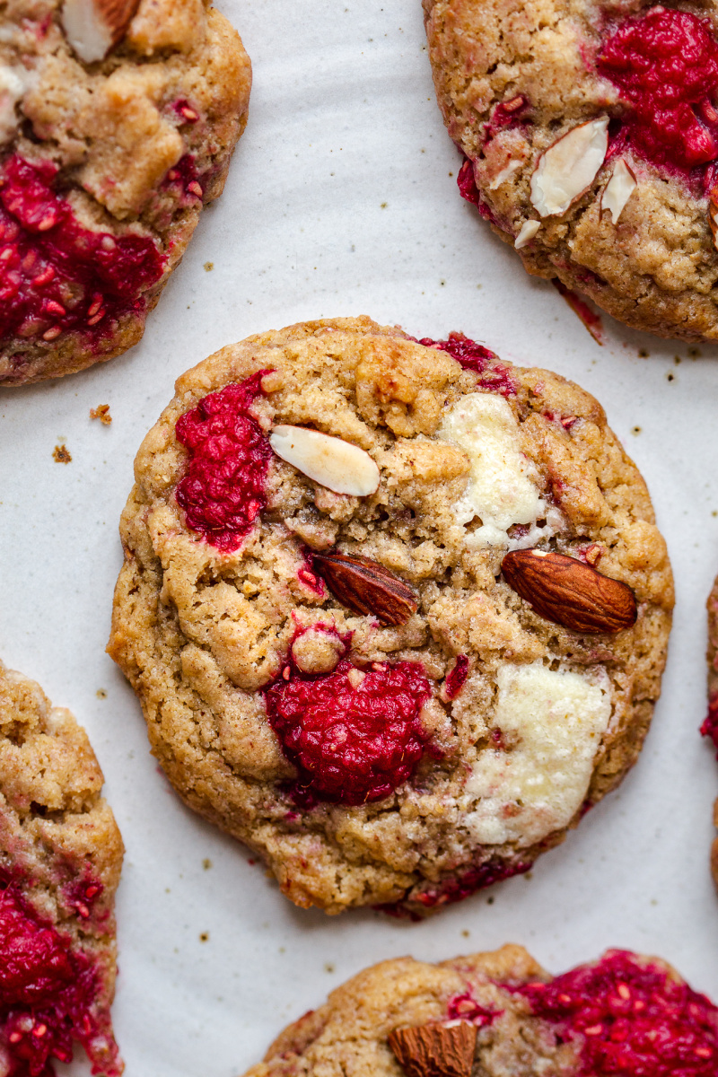 vegan white chocolate raspberry cookies plate