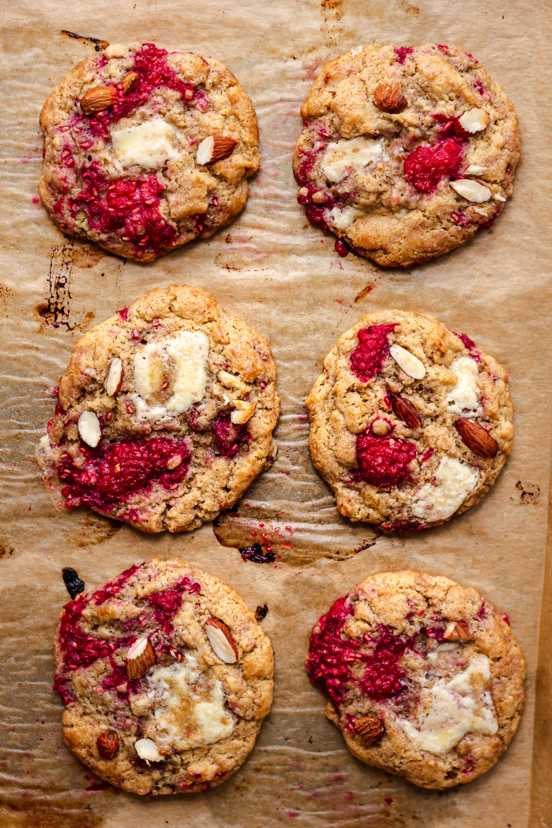 vegan white chocolate raspberry cookies tray