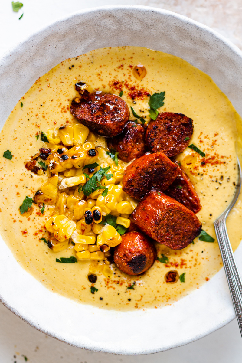 vegan corn chowder chorizo close up