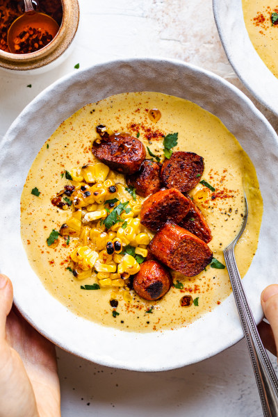 vegan corn chowder chorizo portion