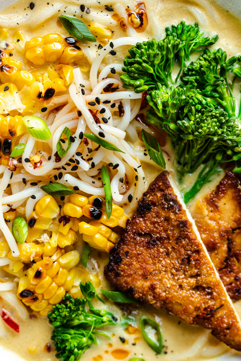 vegan ramen charred corn close up