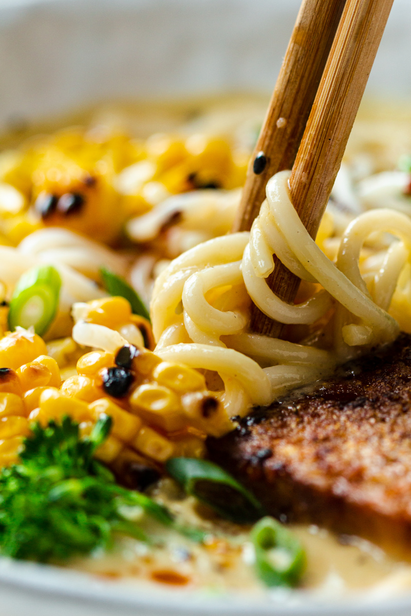 vegan ramen charred corn close up side