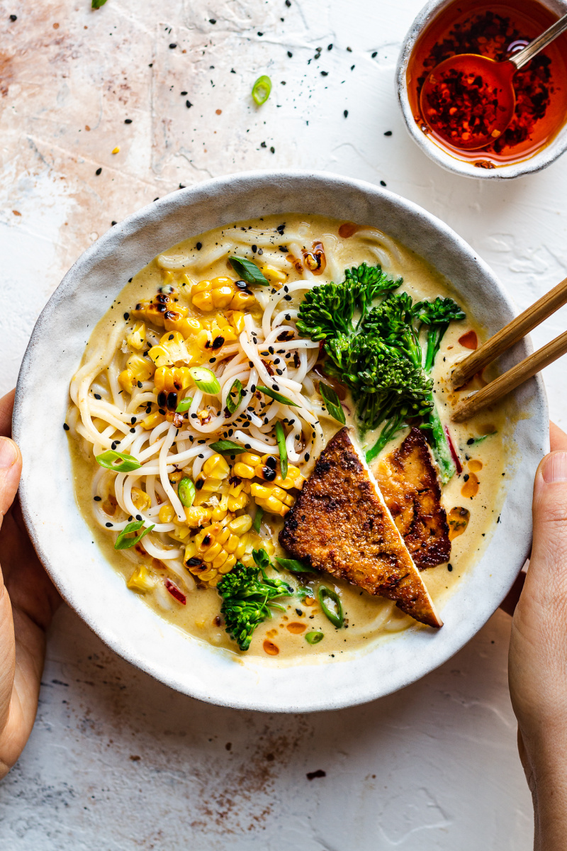 Vegan ramen with charred corn