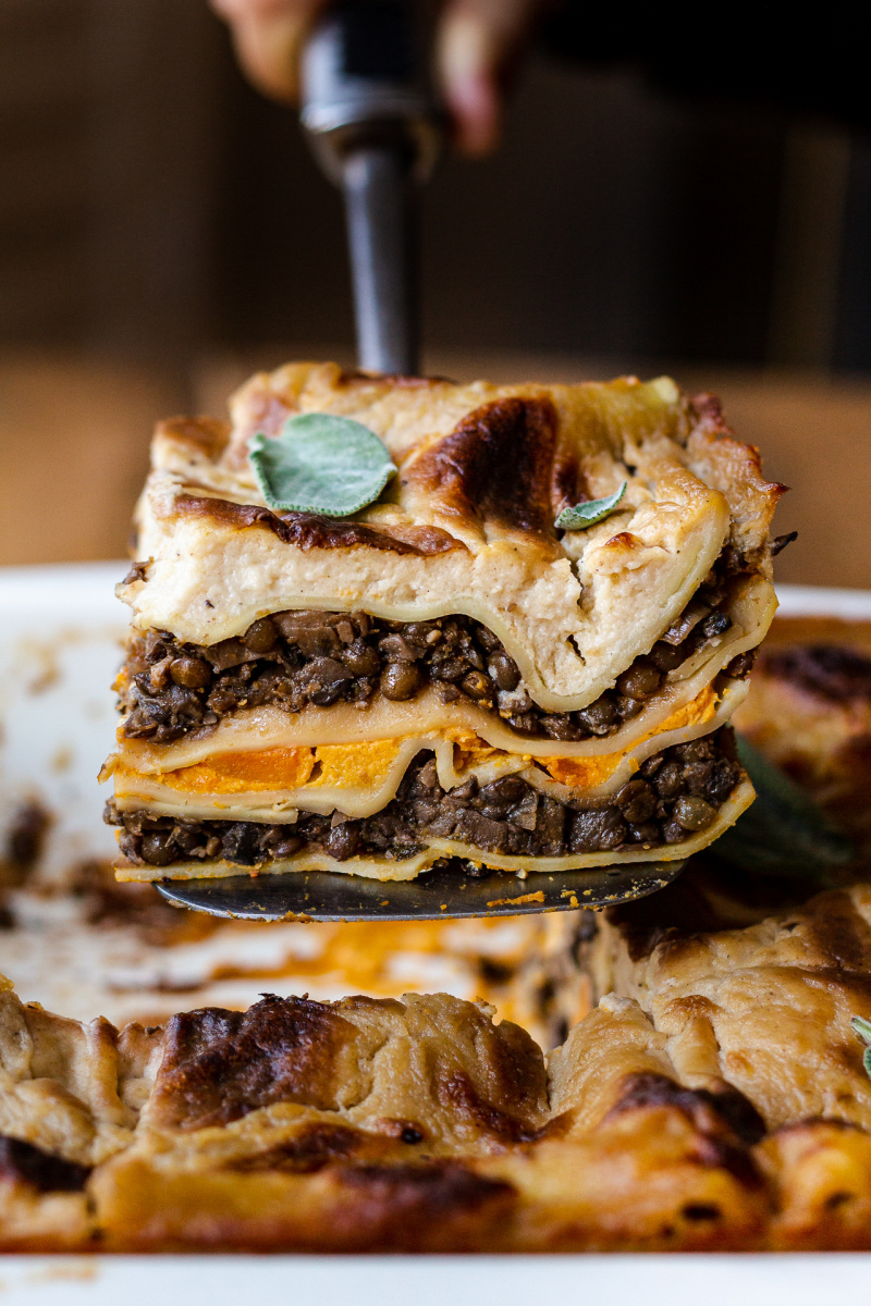 vegan lasagna pumpkin mushroom slice out