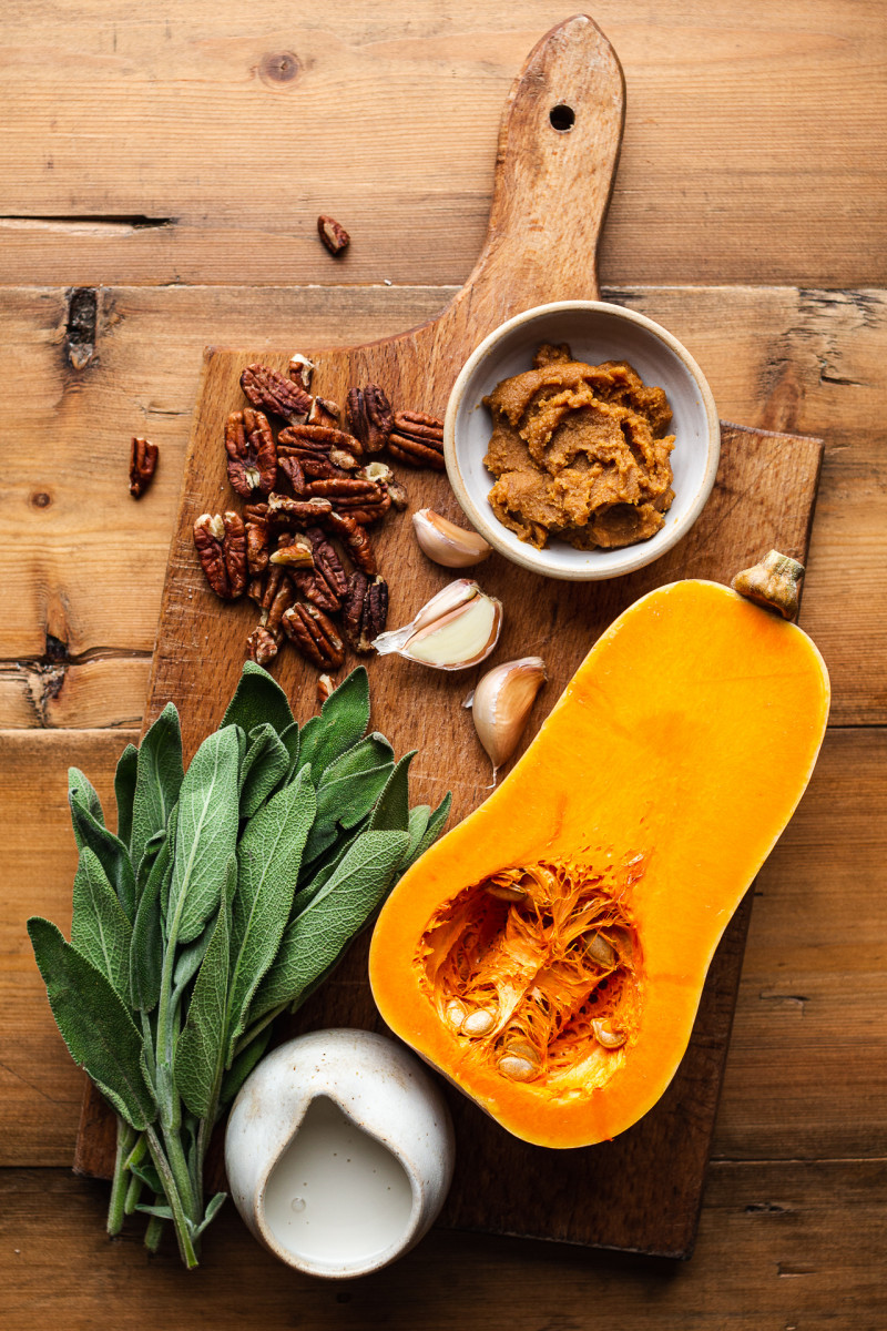 miso pumpkin pasta ingredients board