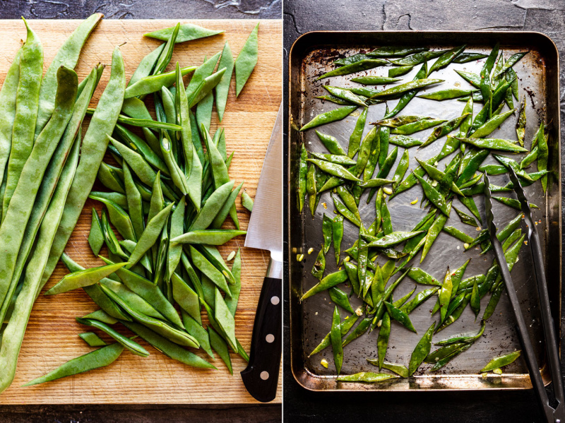 roasted green beans almond bacon before after beans