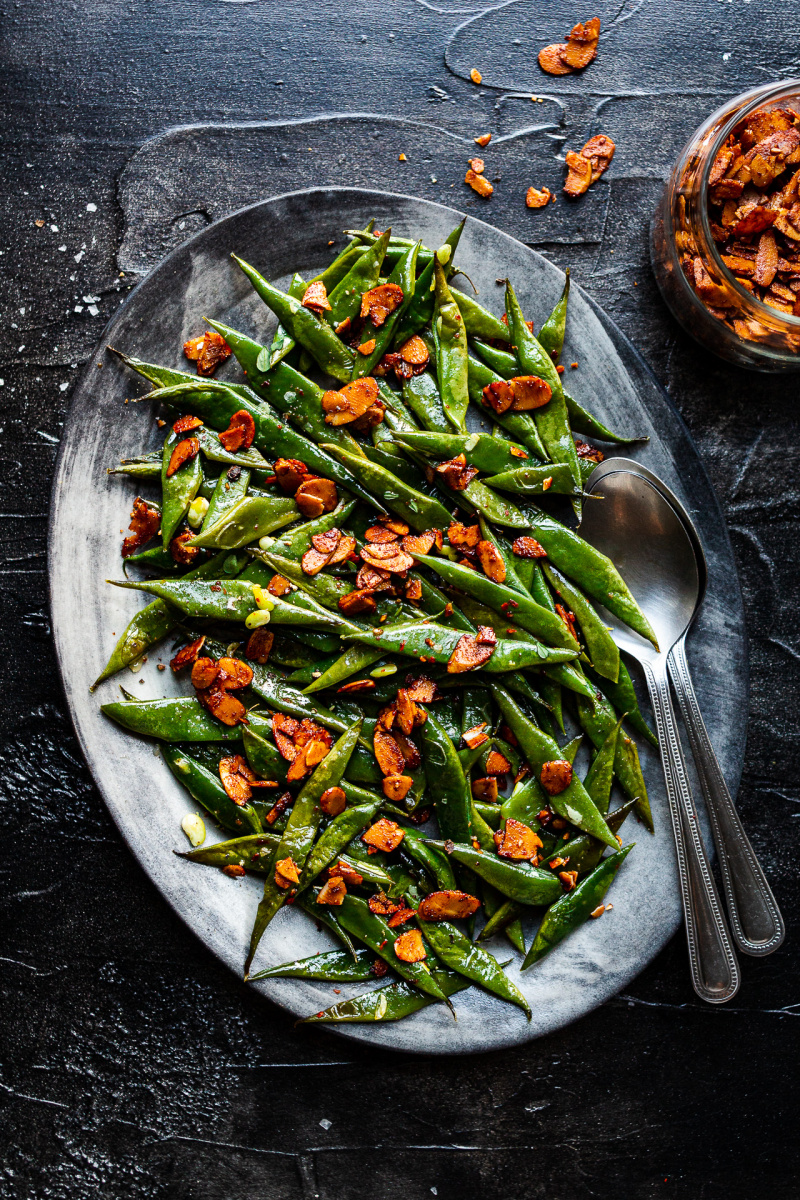 roasted green beans almond bacon plate