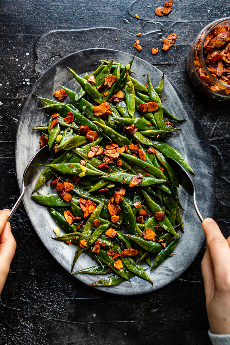roasted green beans almond bacon plating
