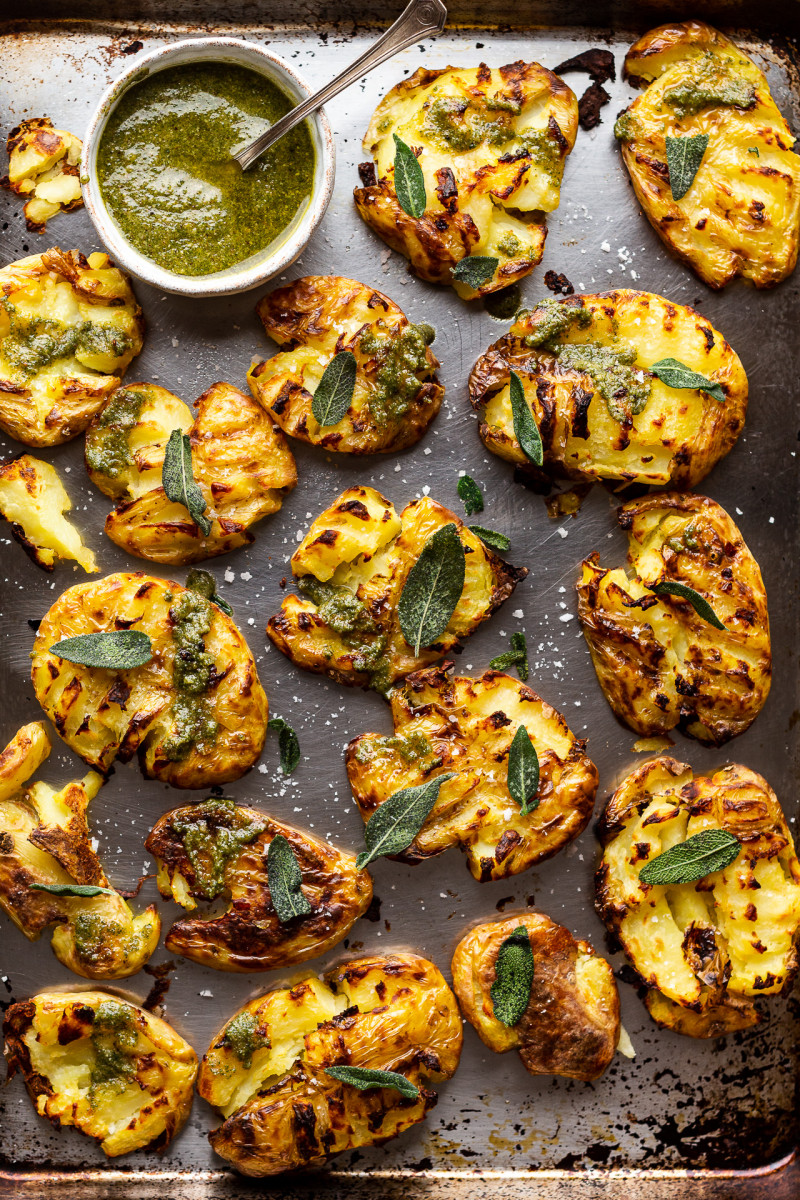 smashed potatoes sage pesto drizzle