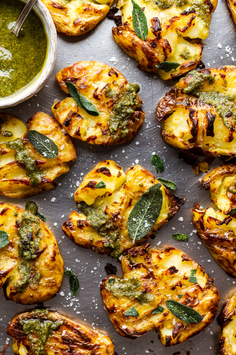 smashed potatoes sage pesto tray close