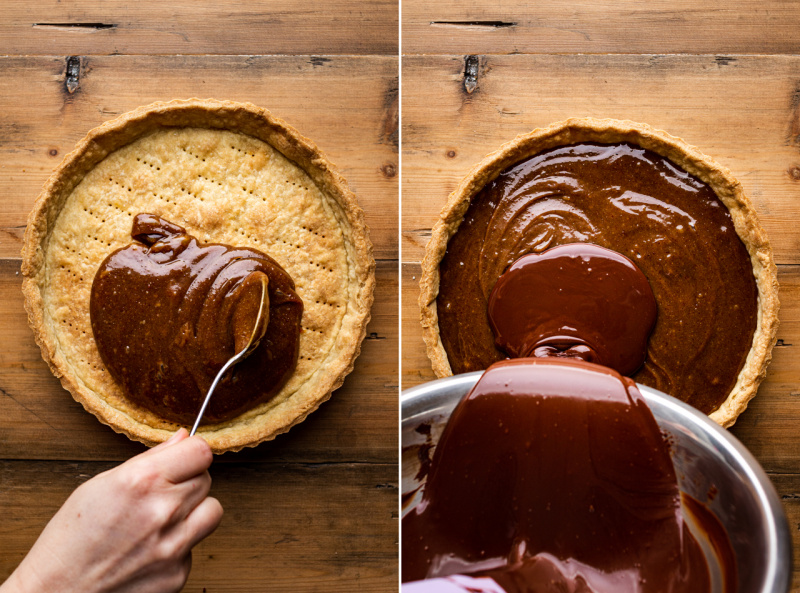 vegan chocolate tart peanut caramel filling