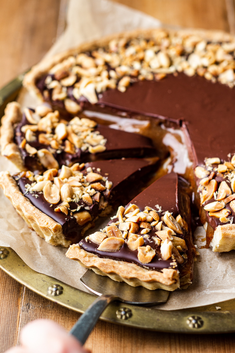 vegan chocolate tart peanut caramel side