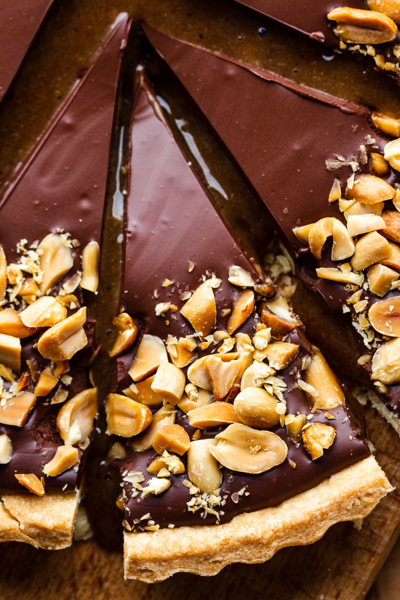 vegan chocolate tart peanut caramel slice out