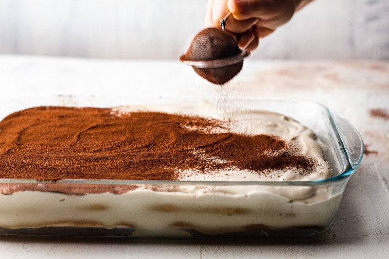 vegan tiramisu dusting cocoa