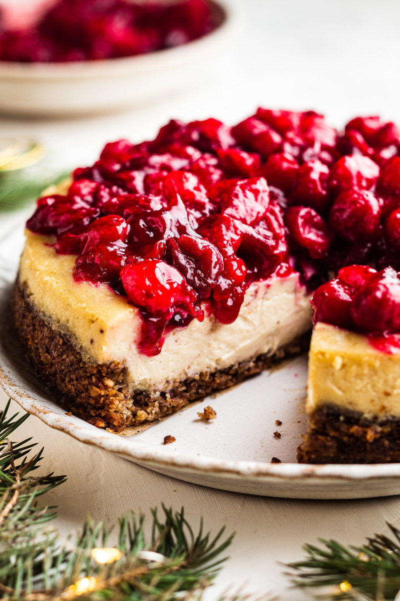 cranberry baked vegan cheesecake cut