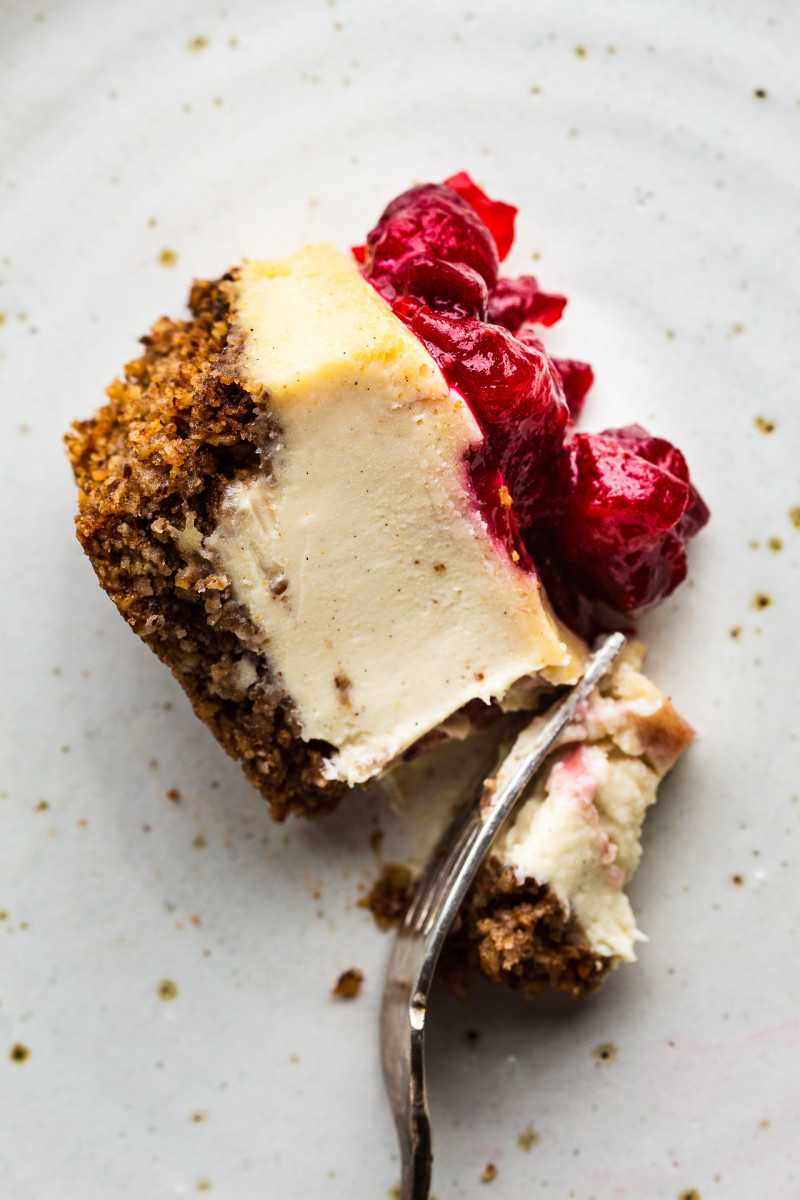 cranberry baked vegan cheesecake slice fork