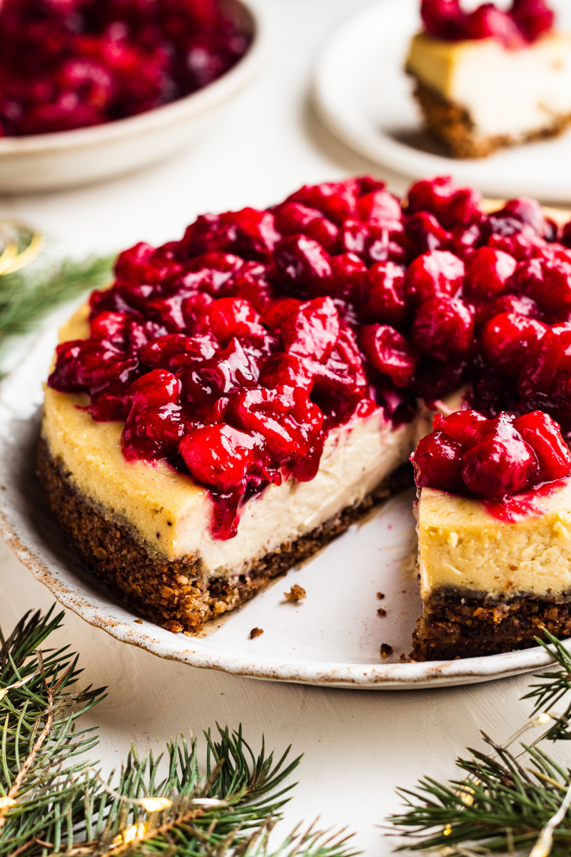 cranberry baked vegan cheesecake slice out