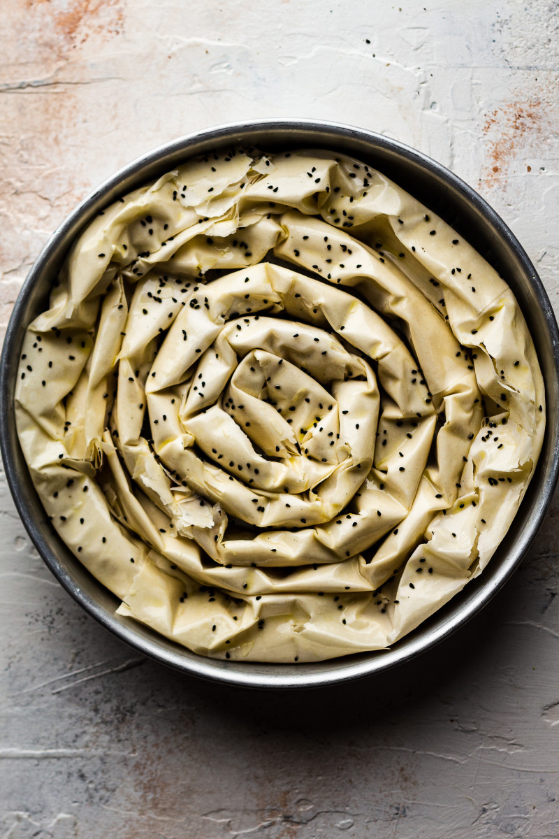 vegan pumpkin filo pie before baking