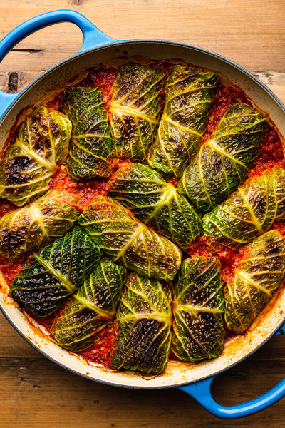 baked vegan cabbage rolls close up