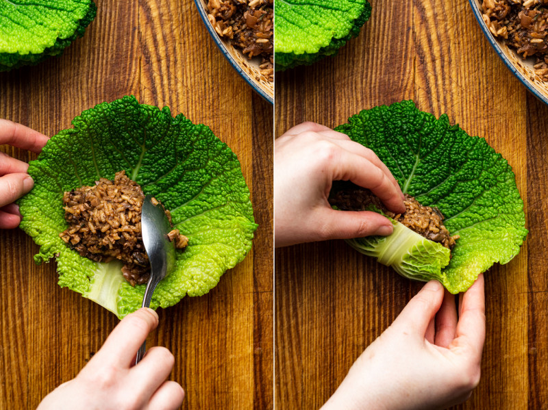 baked vegan cabbage rolls filling leaves