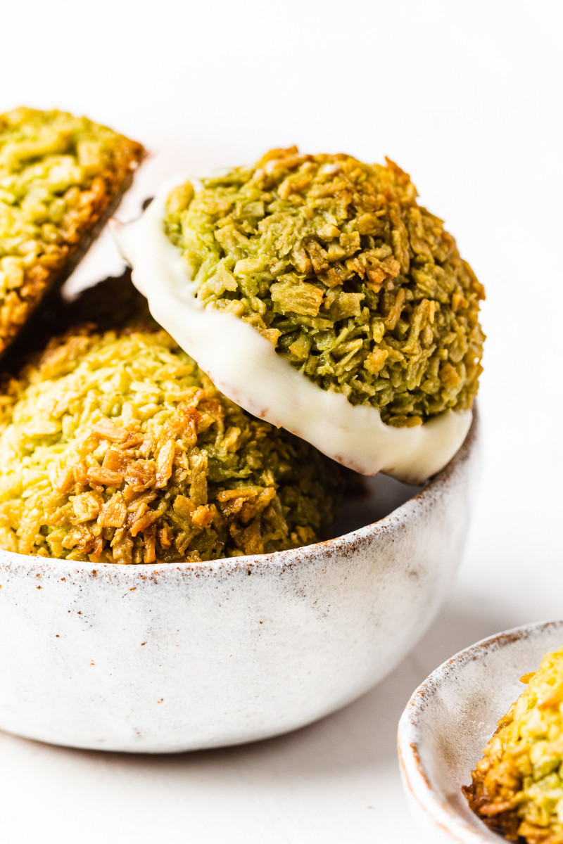 matcha coconut macaroons bowl chocolate covered