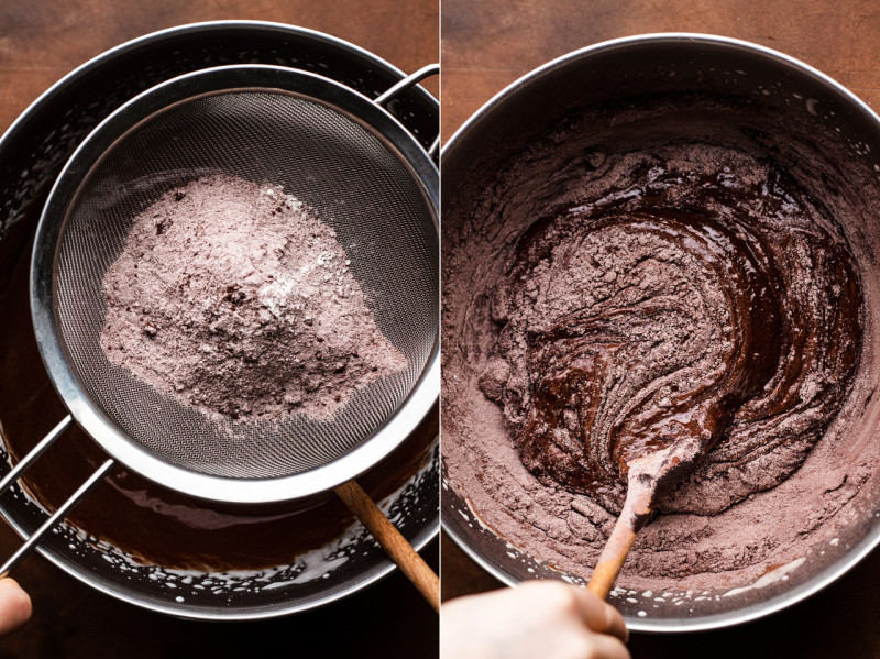 vegan caramel brownies adding flour