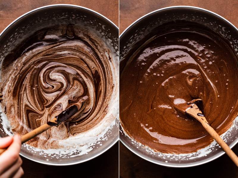 vegan caramel brownies mixing chocolate