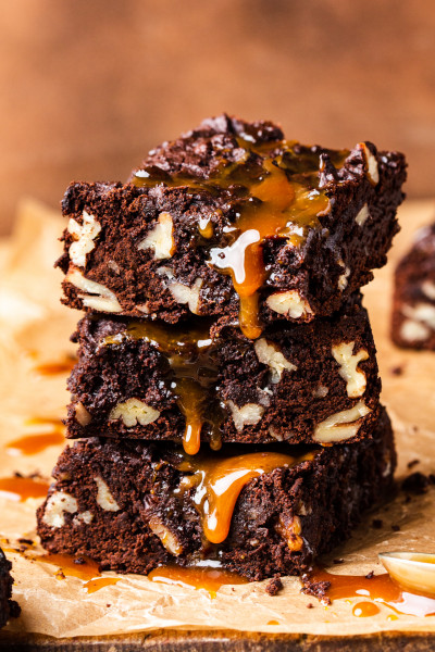 vegan caramel brownies stacked