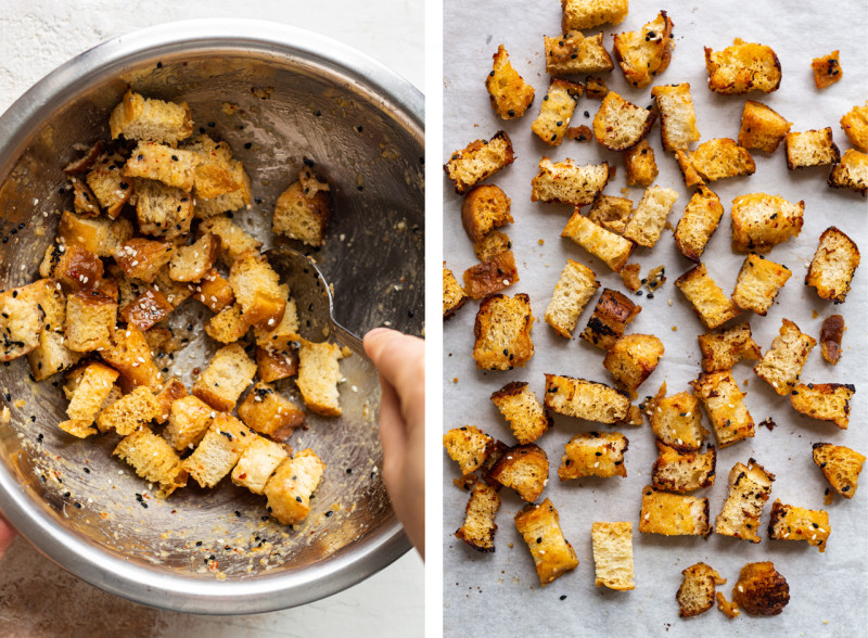 green beans miso croutons marinated