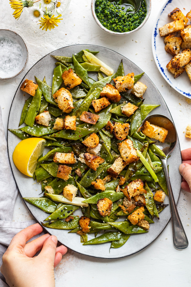 green beans miso croutons platter