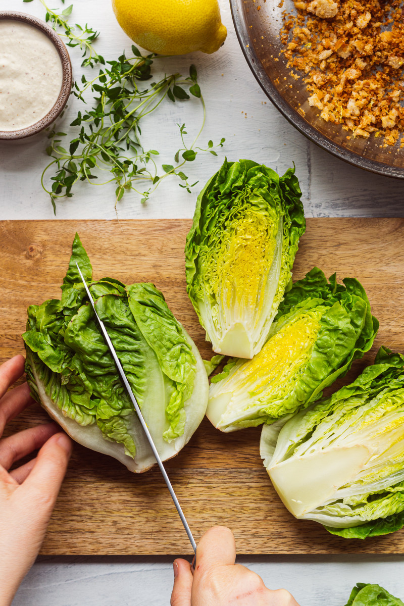 Charred lettuce Caesar salad lettuce prep