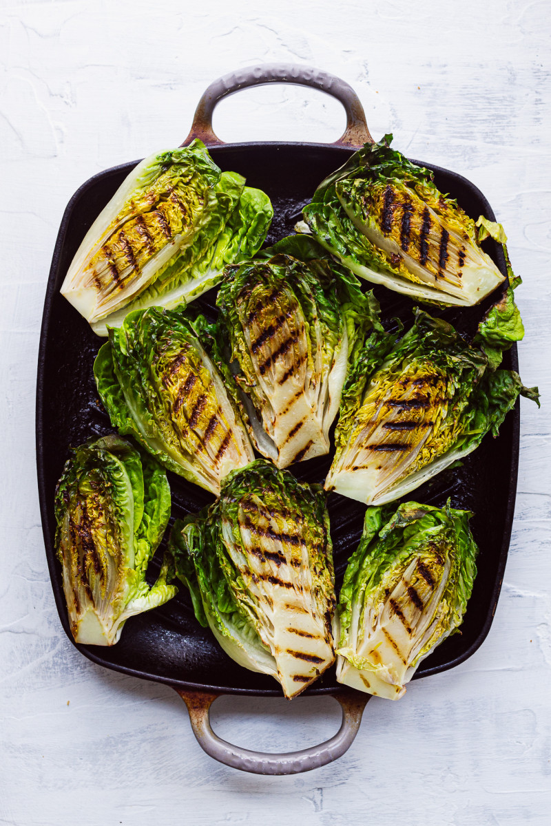 Vegan Caesar salad charred lettuce pan