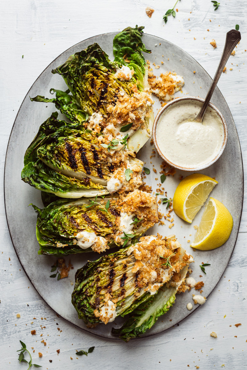 Vegan Caesar salad charred lettuce platter warmer