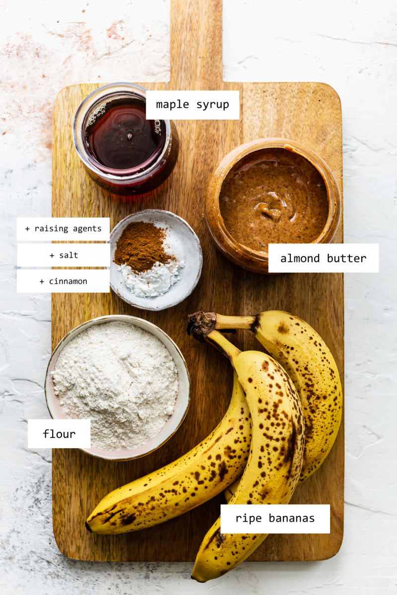 healthy banana bread ingredients board