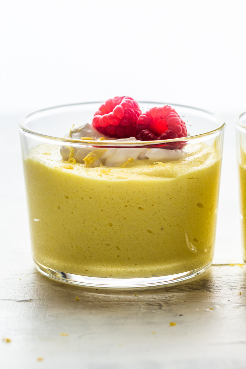 vegan lemon mousse glass backlit