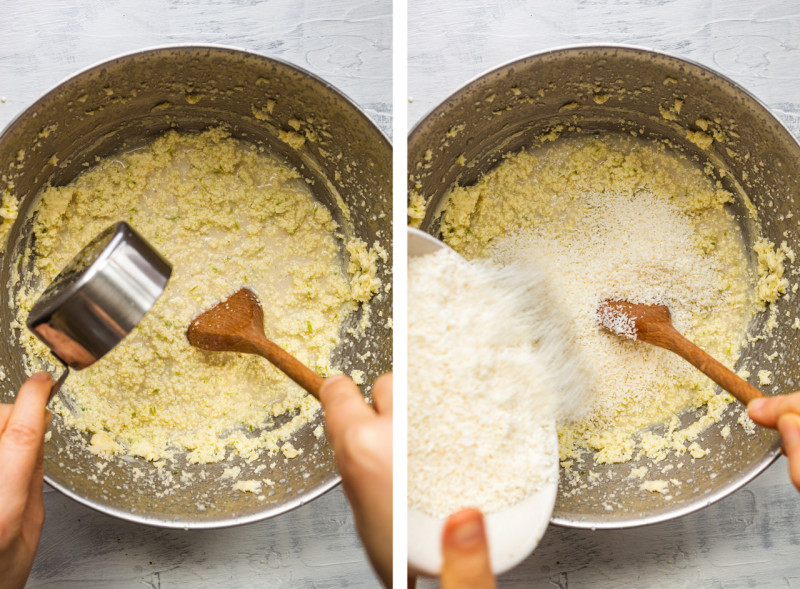 vegan lime cake adding coconut