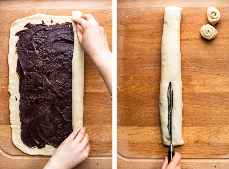 vegan babka dough filled rolling