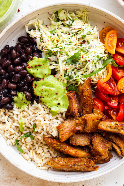 vegan chicken burrito bowl close